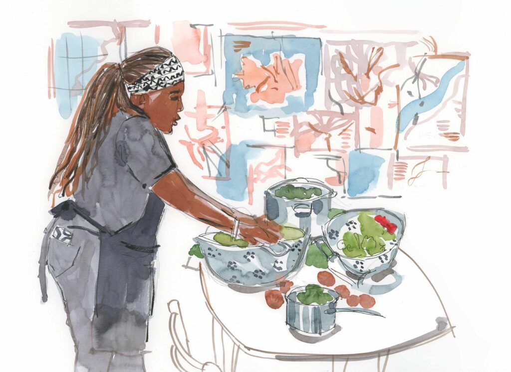 Illustration of a black woman preparing food in colanders at a table. There is art behind her